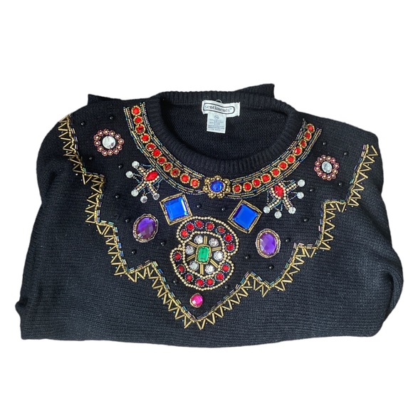 2for$38 Sentiment 80’s rhinestone beaded black holiday sweater sizeM - Picture 2 of 5
